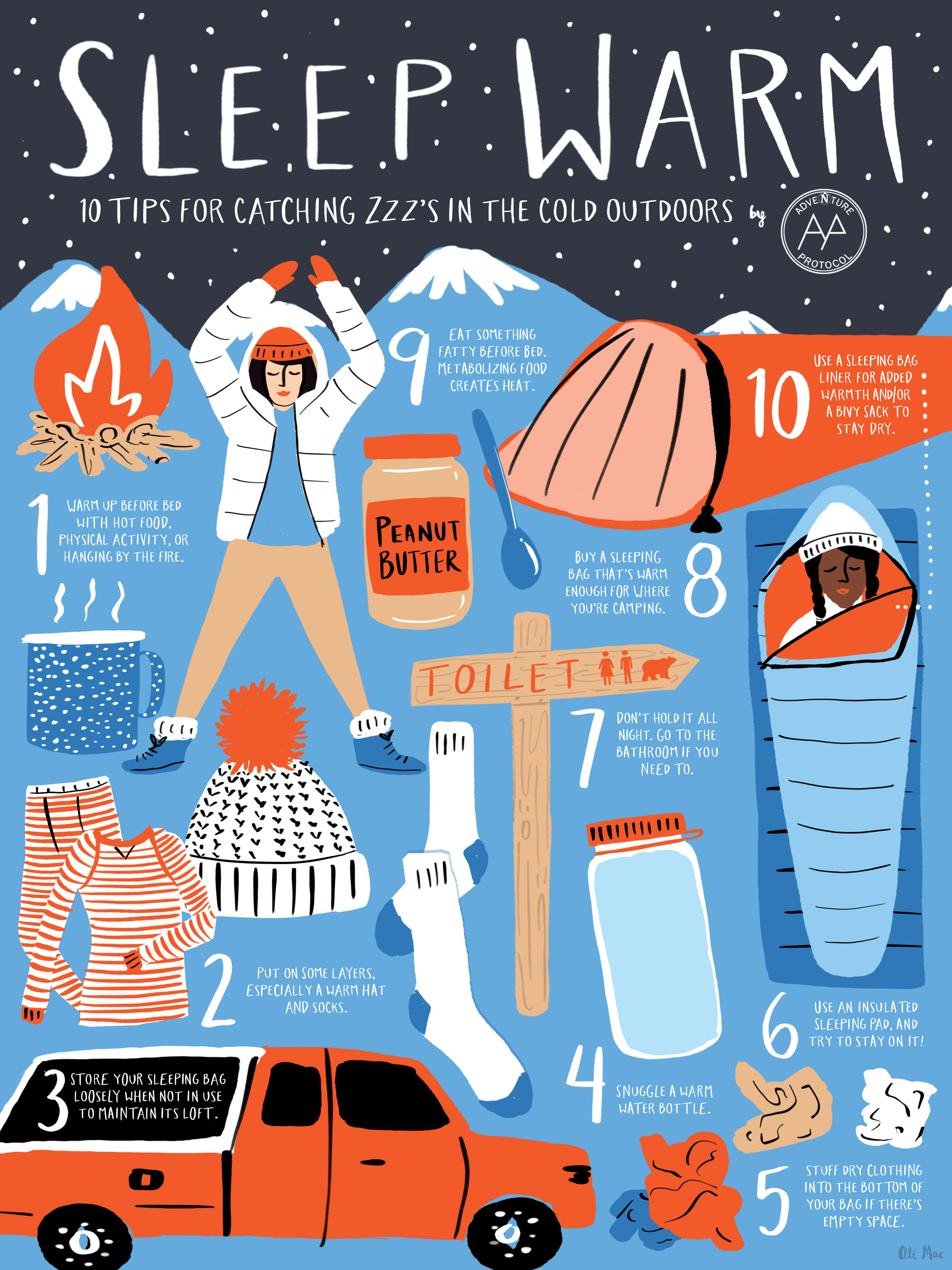 Sleeping warm outside infographic by Ali Mac