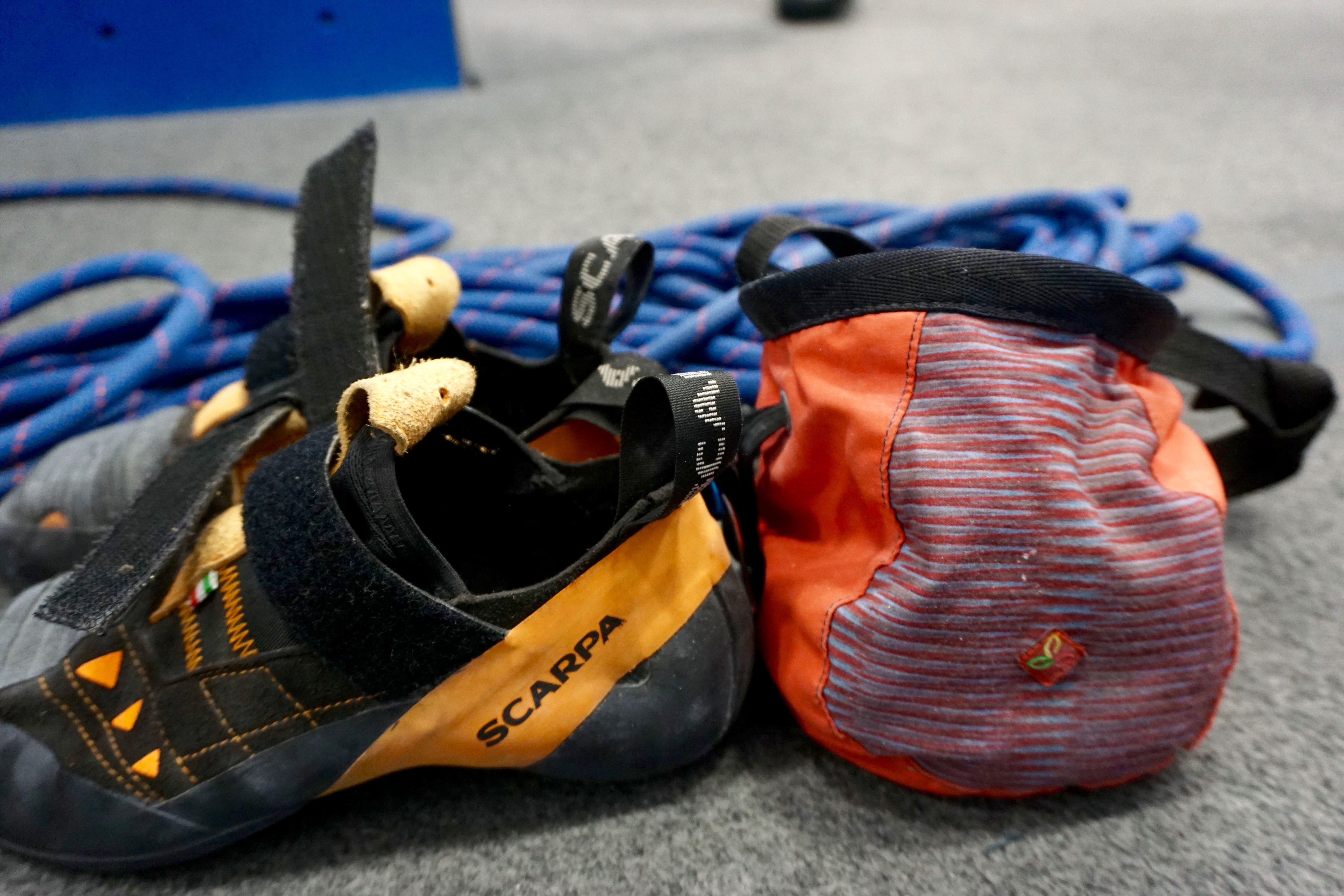 Shoes and a chalk bag; all you need to start indoor gym climbing