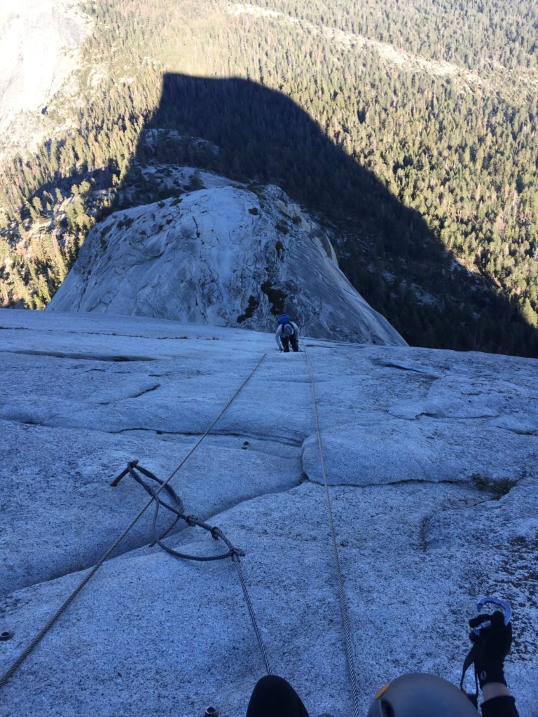Descending Half Dome after completing Snake Dike