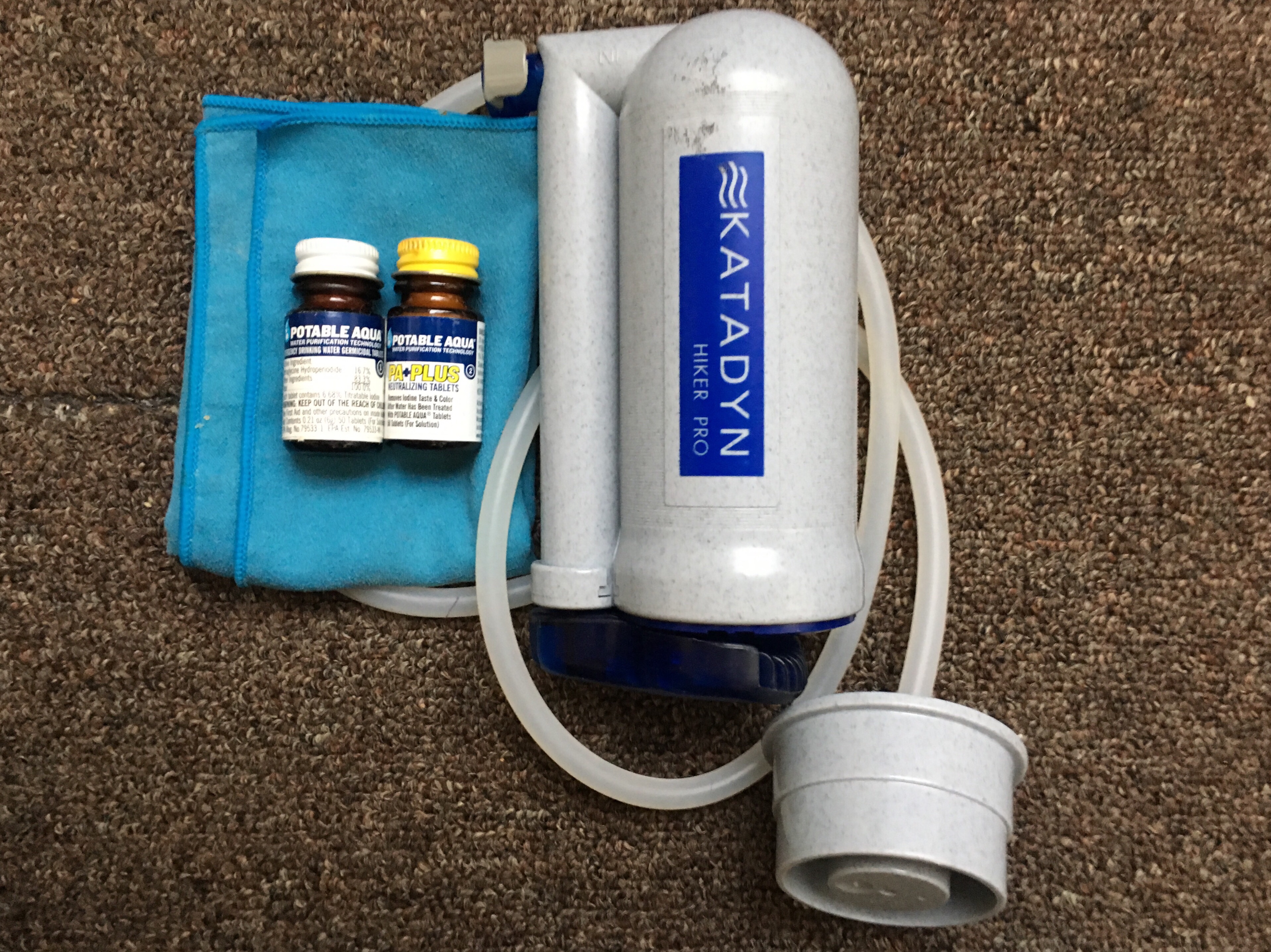 Chlorine dioxide tablets and a Katadyn water filter